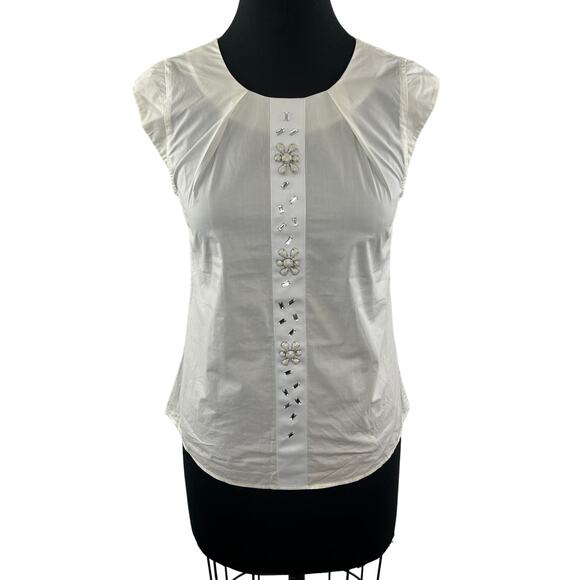 H&M White Crystal Beaded Floral Design Front Detail Blouse Top Size 4 S Small - Picture 1 of 7